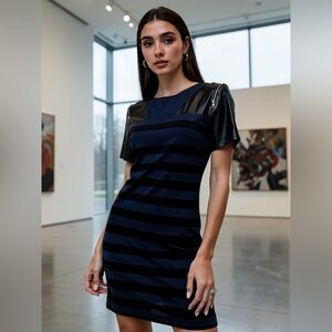 Sandro Black and Navy Striped Sheath Dress
